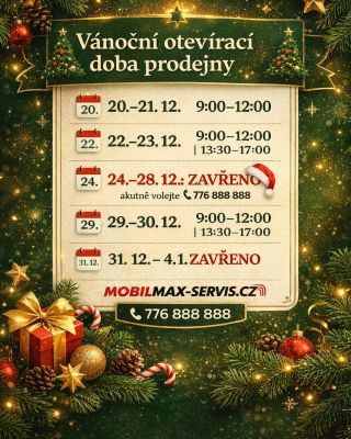 🎄 Vánoční otevírací doba prodejny 🎄 📅 20.–21. 12. 🕘 9:00–12:00 📅 22.–23. 12. 🕘 9:00–12:00 | 🕜 13:30–17:00 📅 24.–28. 12. ❌...